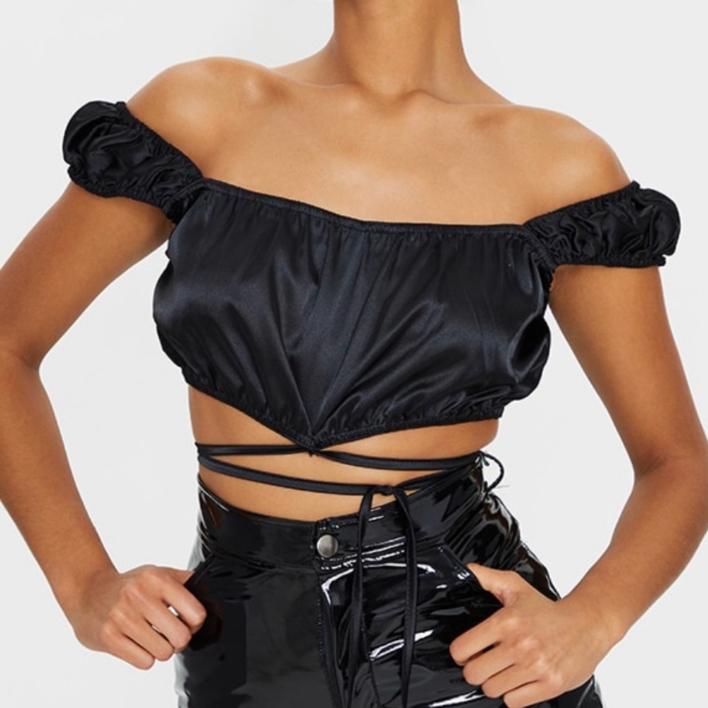 Black Satin Tie Crop Top